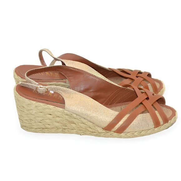 Ralph Lauren Linen Brown Leather Gold Foil Slingback Wedges Heels Sandals 9.5 - Picture 4 of 10
